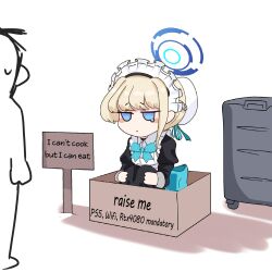 Rule 34 | 1girl, 1other, doodle sensei (blue archive), blonde hair, blue archive, blue eyes, blush stickers, box, chibi, english text, for adoption, halo, hat, highres, korean commentary, maid, maid headdress, mob cap, neck ribbon, ribbon, rolling suitcase, sensei (blue archive), sign, signpost, single tear, sitting, skyrain315, suitcase, sweatdrop, tears, toki (blue archive)