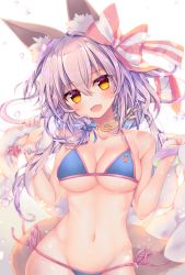 Rule 34 | 1girl, animal ears, bikini, blue bikini, blush, bow, breasts, cleavage, collarbone, commentary request, cowboy shot, fang, fate/grand order, fate (series), fox ears, fox tail, groin, hair bow, innertube, large breasts, long hair, looking at viewer, micro bikini, navel, nemuri nemu, open mouth, pink hair, simple background, skin fang, solo, striped, striped bow, swim ring, swimsuit, tail, tamamo (fate), tamamo no mae (fate/extra), tamamo no mae (swimsuit lancer) (fate), white hair, yellow eyes