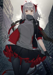 Rule 34 | 1girl, arknights, black gloves, black jacket, black pantyhose, black skirt, blush, breasts, building, city, cloud, cloudy sky, commentary request, cowboy shot, day, fingerless gloves, gloves, grey scarf, grey shirt, highres, horns, jacket, large breasts, layered skirt, long sleeves, looking at viewer, nail polish, open clothes, open jacket, open mouth, outdoors, pantyhose, raitho, red eyes, red nails, red skirt, scarf, shirt, short hair, silver hair, skirt, sky, solo, tail, two-tone skirt, w (arknights)