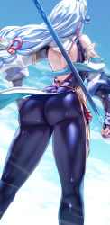 Rule 34 | 1girl, ass, back, back cutout, blue hair, blue sky, bridal gauntlets, clothing cutout, cloud, day, earrings, facing away, feet out of frame, floating hair, from behind, genshin impact, gold trim, hair ornament, hand on own hip, highres, hip vent, holding, holding polearm, holding weapon, jewelry, light blue hair, long hair, polearm, shenhe (genshin impact), sky, solo, standing, tassel, tassel earrings, uenoryoma, vision (genshin impact), weapon, wind