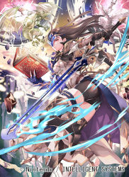 Rule 34 | 1girl, black hair, book, company name, copyright name, dragon, fire emblem, fire emblem cipher, holding, holding book, holding sword, holding weapon, long hair, mask, nagahama megumi, niamh (fire emblem), nintendo, official art, open book, parted lips, pegasus, red eyes, solo focus, sword, weapon, wyvern