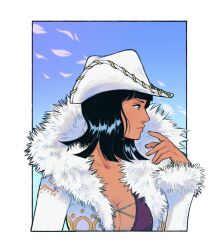 Rule 34 | 1girl, black hair, blue eyes, blunt bangs, blunt ends, breasts, cleavage, coat, commentary, english commentary, fur collar, hat, highres, large breasts, looking to the side, nico robin, one piece, petals, profile, rottenmaru, solo, upper body, white coat, white hat
