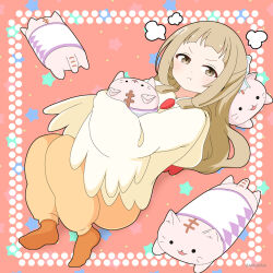 Rule 34 | 1girl, :t, brown eyes, brown hair, cat-shaped pillow, chicken costume, closed mouth, commentary request, full body, highres, long hair, looking at viewer, mitya, nogi sonoko, hugging object, red background, simple background, solo, star (symbol), starry background, v-shaped eyebrows, yuuki yuuna wa yuusha de aru, yuusha de aru