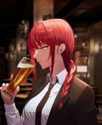 Rule 34 | 1girl, alcohol, beer, black necktie, blazer, braid, braided ponytail, breasts, chainsaw man, closed mouth, collared shirt, cup, drinking glass, dust (mth), grin, half-closed eyes, highres, holding, holding cup, indoors, jacket, long sleeves, looking at viewer, makima (chainsaw man), necktie, red hair, shirt, smile, solo, upper body, yellow eyes