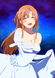Rule 34 | 10s, 1girl, asuna (sao), bad id, bad pixiv id, breasts, brown hair, cleavage, dress, elbow gloves, closed eyes, flower, gloves, inuzuka bouru, long hair, outstretched arm, solo, sword art online