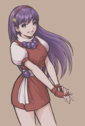 Rule 34 | 1girl, absurdres, asamiya athena, belt, breasts, commentary, dress, fingerless gloves, gloves, hair ornament, hairband, highres, jewelry, lips, long hair, looking at viewer, medium breasts, necklace, own hands together, parted lips, puffy short sleeves, puffy sleeves, purple eyes, red dress, red gloves, short dress, short sleeves, simple background, skirt, smile, snk, solo, the king of fighters, the king of fighters &#039;96, tyanoki