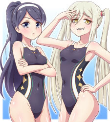 Rule 34 | 2girls, black hair, black one-piece swimsuit, blue background, blue eyes, breasts, closed eyes, competition swimsuit, cowboy shot, crossed arms, gradient background, grin, hair between eyes, hairband, hand on own hip, highres, long hair, looking at viewer, maria (princess connect!), multicolored clothes, multicolored swimsuit, multiple girls, one-piece swimsuit, princess connect!, sharp teeth, slit pupils, small breasts, smile, swimsuit, teeth, tomie (princess connect!), twintails, white background, white hair, white hairband, yellow eyes, yosuzu