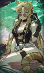 Rule 34 | 1girl, absurdres, animal ears, arknights, bare shoulders, black choker, black gloves, black one-piece swimsuit, blonde hair, breasts, center opening, changpan hutao, choker, clothes around waist, commentary, feet out of frame, gloves, green eyes, highres, long hair, looking at viewer, looking over eyewear, looking over glasses, medium breasts, no headwear, no headwear, official alternate costume, one-piece swimsuit, partially fingerless gloves, pink-tinted glasses, sand, shirt, shirt around waist, sideboob, single glove, sitting, smile, solo, sunglasses, swimsuit, swire (arknights), tail, thigh strap, thighs, tiger ears, tiger girl, tiger tail, tinted eyewear, water, white shirt