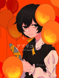 Rule 34 | 1girl, apricot (vocaloid), artist name, bags under eyes, balloon, black dress, black eyes, closed mouth, collared dress, commentary, dress, from side, frown, hair over shoulder, hair ribbon, half-closed eyes, hand mirror, highres, holding, holding mirror, long hair, long sleeves, looking at viewer, low ponytail, mirror, orange background, pinafore dress, ribbon, rin noji, sanpaku, simple background, sleeveless, sleeveless dress, solo, song name, twitter username, upper body, vocaloid, white sleeves, yellow ribbon