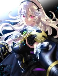 Rule 34 | 1girl, armor, ascot, black armor, black gloves, black headband, blonde hair, blue cape, breasts, cape, cleavage, closed mouth, commentary request, corrin (female) (fire emblem), corrin (female) (nohr noble) (fire emblem), corrin (fire emblem), fire emblem, fire emblem fates, fire emblem heroes, floating hair, frills, gauntlets, gloves, hair between eyes, headband, large breasts, light, light particles, lips, long hair, looking at viewer, nintendo, pink lips, pointy ears, red eyes, shadow, shoulder armor, signature, sleeveless, slit pupils, solo, tombsakura, torn cape, torn clothes, twitter username, upper body, white ascot