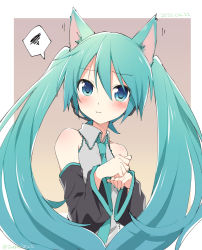 Rule 34 | 1girl, animal ears, aqua eyes, aqua hair, aqua nails, aqua necktie, bare shoulders, black sleeves, blush, brown background, cat day, cat ears, commentary, dated, detached sleeves, gradient background, grey shirt, hatsune miku, headset, highres, kemonomimi mode, light frown, long hair, looking at viewer, nail polish, necktie, shirt, sleeveless, sleeveless shirt, solo, speech bubble, spoken squiggle, squiggle, sudachi (calendar), twintails, twitter username, upper body, very long hair, vocaloid