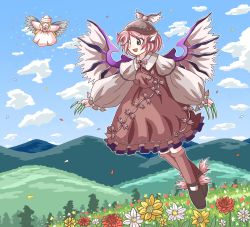 Rule 34 | 2girls, animal ears, bird ears, bird wings, black footwear, blonde hair, blush, brown dress, brown headwear, brown legwear, dress, earrings, fairy, fairy wings, fingernails, flower, frilled sleeves, frills, green nails, highres, jewelry, juliet sleeves, kiroguramu, kneehighs, lily white, long fingernails, long hair, long sleeves, multiple girls, mystia lorelei, nail polish, open mouth, outstretched arms, pink eyes, pink hair, puffy sleeves, red flower, sharp fingernails, shoes, short hair, single earring, smile, socks, spread arms, touhou, white dress, white flower, white headwear, white wings, winged hat, wings, yellow flower