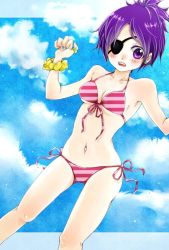 1girl bad_id bad_pixiv_id bikini chrome_dokuro eyepatch female_focus katekyo_hitman_reborn! natsumi_(monochrome) purple_eyes purple_hair short_hair sky solo striped_bikini striped_clothes swimsuit