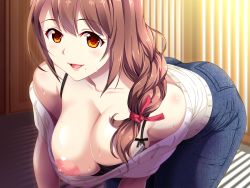 Rule 34 | 1girl, all fours, ass, bare shoulders, blush, bra, breasts, brown hair, downblouse, game cg, hitozuma ni natta onee-san: manatsu no omoide ~omoide~, indoors, large breasts, legs, long hair, looking at viewer, mole, mole under mouth, nipples, off shoulder, one breast out, orange eyes, original, parted lips, smile, solo, sweat, thighs, underwear, zion (company), zurumu ken