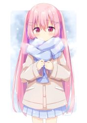 Rule 34 | 1girl, blue scarf, blue skirt, blush, breath, brown jacket, closed mouth, commentary request, fringe trim, hair between eyes, hair ornament, hairclip, highres, jacket, long hair, long sleeves, looking at viewer, nakkar, original, pink hair, pleated skirt, red eyes, scarf, skirt, sleeves past wrists, solo, standing, twintails, twitter username, very long hair, wide sleeves, x hair ornament