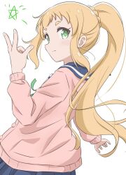 1girl blonde_hair blush closed_mouth feet_out_of_frame female_focus green_eyes inose_mai koisuru_asteroid long_hair looking_at_viewer pink_sweater ponytail qb_(qb46311027) school_uniform serafuku simple_background skirt solo standing star_(symbol) sweater white_background