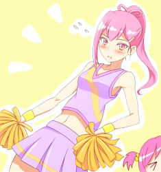 Rule 34 | &gt; &lt;, alternate costume, alternate universe, blush, breasts, butterfly hair ornament, cheerleader, dark dream, embarrassed, hair ornament, hairclip, high ponytail, long hair, midriff, navel, pink eyes, pink hair, pleated skirt, pom pom (cheerleading), precure, purple skirt, purple tank top, raguro, short twintails, simple background, skirt, small breasts, stomach, sweatdrop, tank top, twintails, wristband, yellow wristband, yes! precure 5, yumehara nozomi
