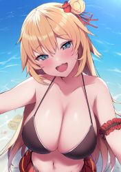 Rule 34 | 1girl, :d, akai haato, akai haato (hololive summer 2019), bare shoulders, beach, bikini, blonde hair, blue eyes, blush, breasts, cleavage, collarbone, day, hair between eyes, hair bun, hair ornament, halterneck, haruyuki (yukichasoba), heart, heart hair ornament, highres, hololive, large breasts, long hair, looking at viewer, navel, ocean, open mouth, outstretched arms, single hair bun, single side bun, smile, solo, stomach, swimsuit, upper body, very long hair, virtual youtuber, water
