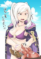 Rule 34 | 1girl, belt, belt buckle, bikini, blue sky, blush, breasts, buckle, cleavage, cloud, coat, cross-eyed, day, fire emblem, fire emblem heroes, highres, jacket, jacket on shoulders, jewelry, loose belt, medium breasts, necklace, nintendo, o-ring, o-ring bikini, o-ring top, open clothes, open coat, open mouth, purple bikini, purple coat, robin (female) (fire emblem), robin (fire emblem), sekaihebi, simple background, sky, squid, sweat, sweatdrop, swimsuit, translation request, twintails, underboob, white hair, yellow eyes