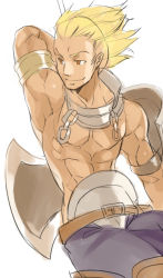 Rule 34 | 1boy, abs, arm behind head, armlet, armpits, axe, bad id, bad pixiv id, belt, blonde hair, brown eyes, collar, fire emblem, fire emblem awakening, hairband, hyakuhachi (over3), male focus, muscular, nintendo, pectorals, shield, simple background, sketch, smile, solo, tan, topless male, vaike (fire emblem), weapon, white background