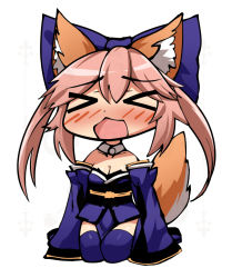 Rule 34 | &gt; &lt;, 1girl, 3:, animal ears, bare shoulders, blue footwear, blue kimono, blush, boots, bow, cowfee, d:, detached collar, detached sleeves, dot nose, closed eyes, facial hair, fate/grand order, fate (series), fox ears, fox tail, full body, hair bow, japanese clothes, kimono, long sleeves, obi, open mouth, pink hair, sash, short kimono, simple background, sitting, tail, tamamo (fate), tamamo no mae (fate/extra), thigh boots, thighhighs, twintails, wariza, white background