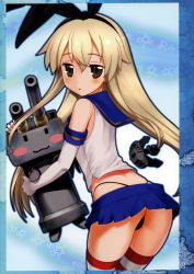 Rule 34 | 1girl, :3, absurdres, black hairband, black panties, blonde hair, blue background, blue sailor collar, blue skirt, brown eyes, cowboy shot, elbow gloves, gloves, hairband, hechi, highres, holding, kantai collection, long hair, looking at viewer, miniskirt, panties, rensouhou-chan, robot, sailor collar, scan, shimakaze (kancolle), shirt, skirt, star (symbol), starry background, striped clothes, striped thighhighs, thighhighs, thong, underwear, white gloves, white shirt