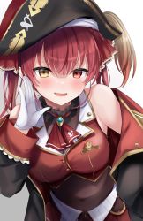 Rule 34 | bare shoulders, breasts, brooch, chocola vt, cowboy shot, fang, gloves, hair ribbon, hand on own face, hat, hat feather, heterochromia, highres, hololive, houshou marine, jacket, jewelry, large breasts, navel, pirate, pirate costume, pirate hat, red eyes, ribbon, simple background, sleeves rolled up, twintails, virtual youtuber, white gloves, yellow eyes