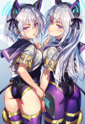 2girls absurdres animal_ears armband ass black_leotard black_ribbon blush cat_ears clipboard cowboy_shot crossed_bangs fake_animal_ears gradient_background grey_hair hair_between_eyes highres holding holding_clipboard leotard long_hair looking_at_viewer looking_back michairu multiple_girls open_mouth original pantyhose purple_eyes purple_pantyhose purple_sailor_collar purple_thighhighs ribbon sailor_collar shirt short_hair smile tail thighhighs white_shirt