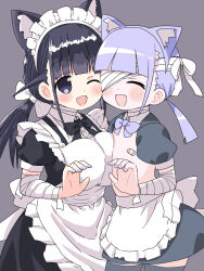 Rule 34 | 2girls, apron, asymmetrical docking, bandage over one eye, bandaged arm, bandages, bandaid, bandaids on nipples, black eyes, black hair, blunt bangs, borrowed character, bow, breast press, breasts, commentary request, fang, flat chest, hair bow, highres, large breasts, lokulo-chan (lokulo no mawashimono), maid, maid apron, maid headdress, multiple girls, naitou kouse, original, pasties, puffy short sleeves, puffy sleeves, purple hair, purple nails, short sleeves, thighhighs, twintails, waist apron