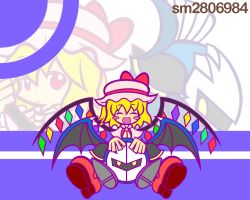 Rule 34 | 1girl, :d, ^ ^, bat wings, blush, closed eyes, crossover, crystal, demon wings, flandre scarlet, happy, kirby (series), mask, meta knight, nintendo, open mouth, parody, puffy short sleeves, puffy sleeves, puyopuyo, puyopuyo fever, shoe soles, short sleeves, simple background, smile, style parody, touhou, white background, wings, y&amp;k, yellow eyes