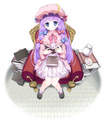 Rule 34 | 1girl, argyle, blue eyes, blush, book, chair, crescent, cup, dress, female focus, full body, hat, highres, holding, holding book, kettle, long hair, looking at viewer, open book, patchouli knowledge, pikazo, plate, purple hair, sitting, solo, teacup, touhou
