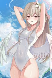 Rule 34 | 1girl, absurdres, alternate costume, armpits, arms up, blue archive, blush, breasts, cameltoe, collarbone, competition swimsuit, covered navel, feathered wings, flower, groin, hair flower, hair ornament, halo, highres, light brown hair, looking at viewer, medium breasts, mexa (maplexanai), nagisa (blue archive), one-piece swimsuit, outdoors, smile, solo, sunlight, swimsuit, thigh gap, white one-piece swimsuit, white wings, wings