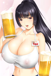 Rule 34 | 1girl, alcohol, beer, breasts, bursting breasts, cleavage, dragon@harry, english text, female focus, gradient background, highres, hooters, huge breasts, nipples, original, purple eyes, saeki yayoi, see-through, solo, tight clothes