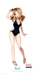 Rule 34 | 1girl, ;d, absurdres, armband, armlet, black one-piece swimsuit, blonde hair, blue eyes, blush, breasts, brown-tinted eyewear, casual one-piece swimsuit, character name, cleavage, collarbone, contrapposto, copyright name, unworn eyewear, full body, girls und panzer, gluteal fold, hair intakes, highres, holding, holding removed eyewear, kay (girls und panzer), long hair, looking at viewer, medium breasts, official art, one-piece swimsuit, one eye closed, open mouth, red-framed eyewear, sideboob, simple background, smile, solo, standing, sunglasses, swimsuit, tinted eyewear, white background