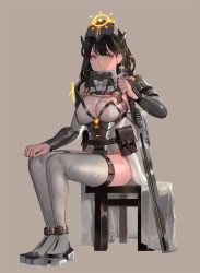 Rule 34 | 1girl, bad id, bad pixiv id, belt, black hair, boots, breasts, brown hair, cleavage, highres, holding, ihobus, long hair, original, pouch, sitting, solo, thigh boots, thigh strap, thighhighs, yellow eyes