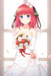Rule 34 | 1girl, bad id, bad pixiv id, bare shoulders, blunt bangs, blurry, blurry foreground, blush, bouquet, breasts, bridal veil, bride, brown ribbon, cleavage, closed mouth, collarbone, commentary, depth of field, dress, flower, go-toubun no hanayome, hair flower, hair ornament, hair ribbon, highres, holding, holding bouquet, long hair, medium breasts, nakano nino, petals, pink flower, purple eyes, red flower, red hair, red rose, ribbon, rose, see-through, seventeen (st17215), smile, solo, symbol-only commentary, veil, wedding dress, white flower, white rose, window
