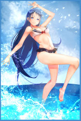 Rule 34 | 1girl, absurdres, alternate costume, arm up, armpits, bare arms, bare legs, barefoot, bird, blue eyes, blue hair, blue sky, blush, breasts, cleavage, cloud, day, gradient hair, half-closed eyes, highres, kantai collection, long hair, looking at viewer, medium breasts, multicolored hair, navel, ocean, parted lips, samidare (kancolle), seagull, sidelocks, sky, smile, solo, splashing, stomach, swept bangs, swimsuit, tesuta0612, thighs, v, very long hair, wading, water