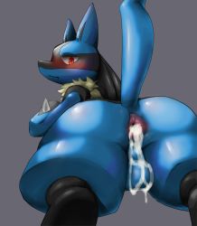 Rule 34 | 1boy, after anal, aftersex, animal ears, anus, artist request, ass, ass focus, blush, body fur, closed mouth, creatures (company), cum, cum in ass, cum on testicles, cumdrip, from behind, from below, furry, furry male, game freak, gen 4 pokemon, grey background, looking back, lucario, male focus, nintendo, perineum, pokemon, pokemon (creature), profile, red eyes, simple background, snout, solo, spikes, standing, tail, testicles, thighs, uncensored, wavy mouth, wolf ears