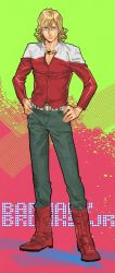 Rule 34 | 10s, 1boy, bad id, bad pixiv id, barnaby brooks jr., belt, blonde hair, blue eyes, boots, full body, glasses, hands on own hips, highres, icym, jacket, jewelry, male focus, necklace, red jacket, solo, studded belt, tiger &amp; bunny
