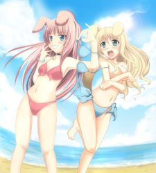 Rule 34 | 2girls, animal ears, aqua eyes, armpits, bad id, bad pixiv id, barefoot, bell, neck bell, bikini, blonde hair, blue eyes, blush, bracelet, breast hold, breasts, cloud, collar, covering privates, covering breasts, day, dog ears, dog tail, embarrassed, feet, flat chest, front-tie top, grin, jewelry, jingle bell, lens flare, long hair, medium breasts, multiple girls, naughty face, navel, open mouth, original, outdoors, pink hair, side-tie bikini bottom, sky, small breasts, smile, standing, standing on one leg, swimsuit, tail, topless, water, yotsuha (little squash)