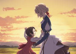 Rule 34 | 10s, 2girls, blonde hair, blue eyes, braid, brown hair, closed mouth, crying, errant, closed eyes, hair ribbon, looking at another, multiple girls, open mouth, outdoors, prosthesis, prosthetic arm, ribbon, short hair, sunset, violet evergarden, violet evergarden (series)