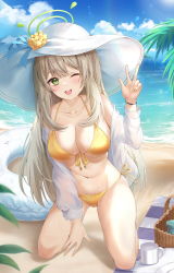 Rule 34 | 1girl, ;d, absurdres, basket, beach, bikini, blue archive, blue sky, blush, bnari, breasts, cleavage, cloud, collarbone, commentary request, cup, day, flower, front-tie bikini top, front-tie top, green eyes, halo, halterneck, hand up, hat, hat flower, hat ribbon, highres, innertube, kneeling, large breasts, light brown hair, long hair, long sleeves, looking at viewer, nail polish, navel, nonomi (blue archive), nonomi (swimsuit) (blue archive), ocean, off shoulder, official alternate costume, one eye closed, open clothes, open mouth, open shirt, outdoors, palm tree, ribbon, sand, see-through, see-through sleeves, shirt, side-tie bikini bottom, sidelocks, sky, smile, solo, stomach, string bikini, sun hat, swim ring, swimsuit, teeth, thighs, tree, upper teeth only, w, water, wet, white hat, white shirt, yellow bikini, yellow nails