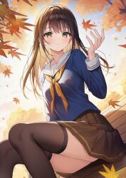 Rule 34 | 1girl, autumn, autumn leaves, bench, black thighhighs, blue serafuku, brown hair, brown skirt, closed mouth, commentary, day, dress, falling, feet out of frame, from below, green eyes, hand up, highres, kuro futoshi, light blush, long hair, long sleeves, looking at viewer, neckerchief, original, outdoors, park bench, pleated dress, sailor collar, school uniform, serafuku, sitting, skirt, smile, solo, split mouth, symbol-only commentary, thighhighs, tree, white sailor collar, yellow neckerchief