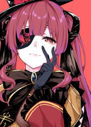 Rule 34 | 1girl, black gloves, black hat, black ribbon, breasts, closed mouth, dress, eyepatch, flower, frilled sleeves, frills, gem, gloves, hand on own cheek, hand on own face, hat, heart, heart print, highres, hololive, houshou marine, long hair, long sleeves, looking at viewer, medium breasts, mushi024, okawaii koto, red background, red dress, red eyes, red flower, red hair, ribbon, simple background, smile, solo, twintails, virtual youtuber