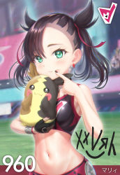 Rule 34 | 1girl, absurdres, asymmetrical bangs, bad id, bad pixiv id, bare arms, bare shoulders, black eyes, black gloves, black hair, black nails, blurry, blurry background, blush, breasts, character name, creatures (company), depth of field, eyebrows, finger to mouth, game freak, gen 8 pokemon, gloves, greyscale, hair ribbon, hands on own cheeks, hands on own face, highres, huge filesize, league card, marnie (pokemon), midriff, monochrome, morpeko, morpeko (full), mugi gome, nail polish, navel, nintendo, partially fingerless gloves, pokemon, pokemon (creature), pokemon swsh, red ribbon, ribbon, short hair, short twintails, single glove, small breasts, sports bra, stadium, stomach, sweatband, twintails, upper body