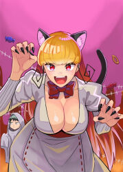 Rule 34 | 1boy, 1girl, :d, animal ears, black hair, black nails, blonde hair, blunt bangs, breasts, candy, cat ears, claw pose, cleavage, dress, fabricant 100, fabricant number 100, ghost costume, highres, ichikwa01, large breasts, leaning forward, long hair, long sleeves, open mouth, pink background, red eyes, sidelocks, smile, very long hair, white dress, wrapped candy, yao ashibi