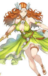 Rule 34 | 1girl, absurdres, bare shoulders, breasts, cleavage, cleavage cutout, clothing cutout, dress, final fantasy, final fantasy xiv, floating hair, forehead, green dress, green eyes, hair ornament, halter dress, halterneck, highres, holding, large breasts, lips, long hair, looking at viewer, makimura shunsuke, nophica, orange hair, parted lips, pink lips, sandals, sideboob, simple background, sleeveless, sleeveless dress, solo, white background