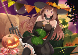 Rule 34 | 1girl, :o, armpit crease, bare shoulders, black gloves, black hat, black shirt, black skirt, black thighhighs, blush, bow, branch, breasts, brown hair, candy wrapper, cleavage, commentary request, diffraction spikes, elbow gloves, frilled skirt, frills, full moon, gloves, halloween, halloween costume, halterneck, hat, hat bow, hay, holding, idolmaster, idolmaster shiny colors, jack-o&#039;-lantern, jack-o&#039;-lantern print, large breasts, long hair, looking at viewer, miniskirt, moon, open mouth, pumpkin, purple eyes, rake, shirt, sidelocks, skirt, sleeveless, sleeveless shirt, solo, star (symbol), tareme, thighhighs, tomato (madanai the cat), tsukioka kogane, witch hat, yellow bow, zettai ryouiki