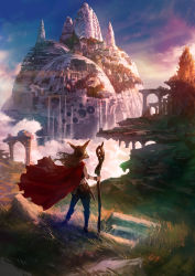 Rule 34 | 1other, absurdres, arch, brown hair, building, cape, cliff, cloud, commentary request, day, facing away, fantasy, grass, highres, holding, holding staff, long hair, original, outdoors, pants, red cape, ruins, scenery, sheath, sheathed, sky, solo, staff, stone, sunlight, tree, water, waterfall, wind, you shimizu