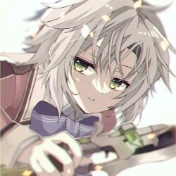 Rule 34 | 1girl, blurry, blurry background, bow, bowtie, eiyuu densetsu, fie claussell, green eyes, gunblade, holding, holding weapon, looking at viewer, natsusechoco, sen no kiseki, short hair, solo, thors military academy class vii uniform, weapon, white hair